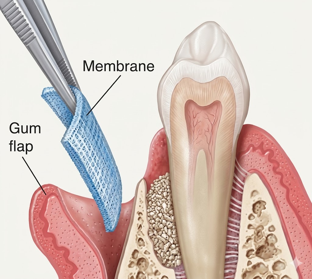 Guided tissue regeneration with membrane around tooth